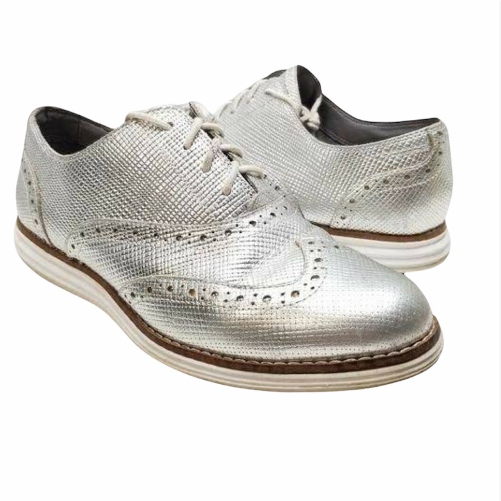 Cole Haan Original Grand Wingtip Oxford Shoes Leather Silver Gray Metallic Comfy